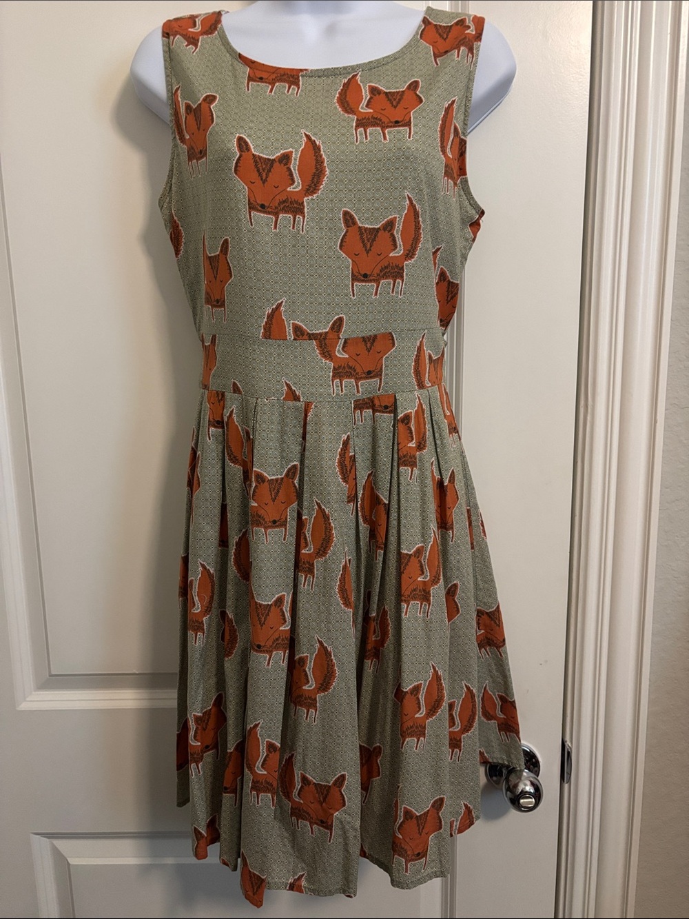 L A Soul Fox Print Sleeveless Dress - Orange Fox on Sage MED